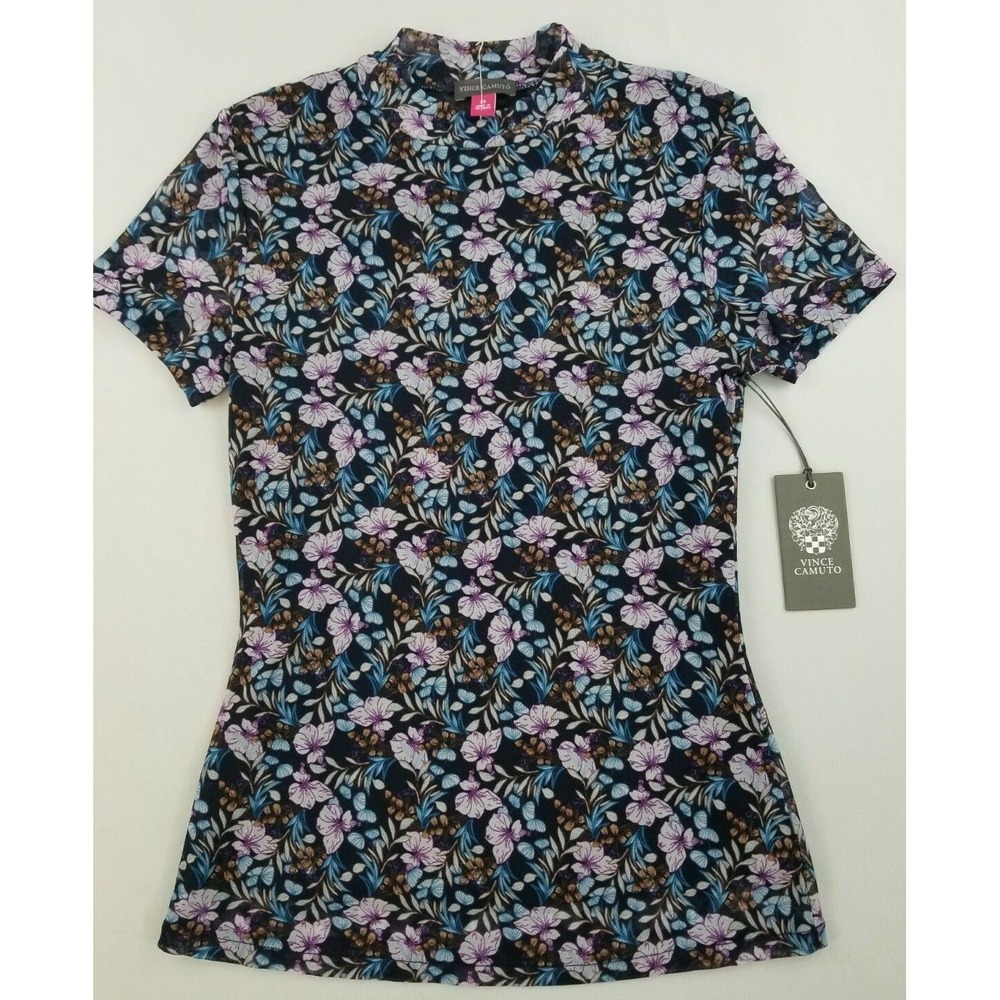 Vince Camuto Women Navy Floral Mesh Mock Neck Short Sleeve Top 9359699 XS
